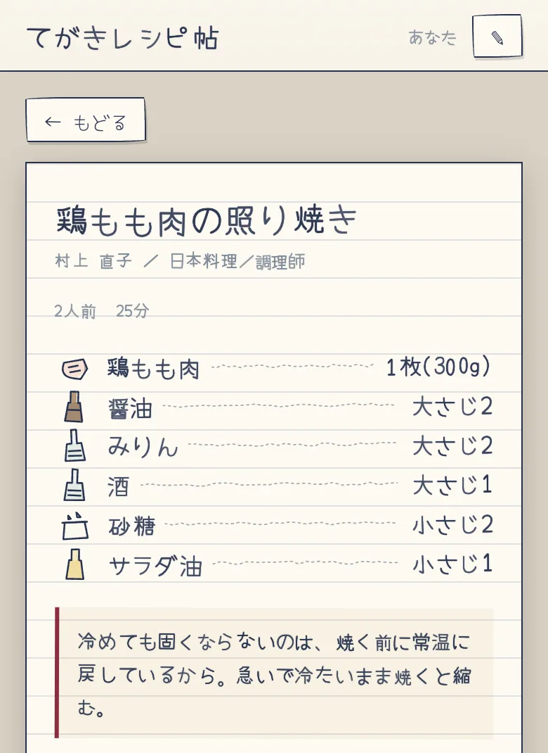てがきレシピ帖のレシピ画面。鶏もも肉の照り焼きの材料と分量が、罫線の上に手書き風の文字で並ぶ